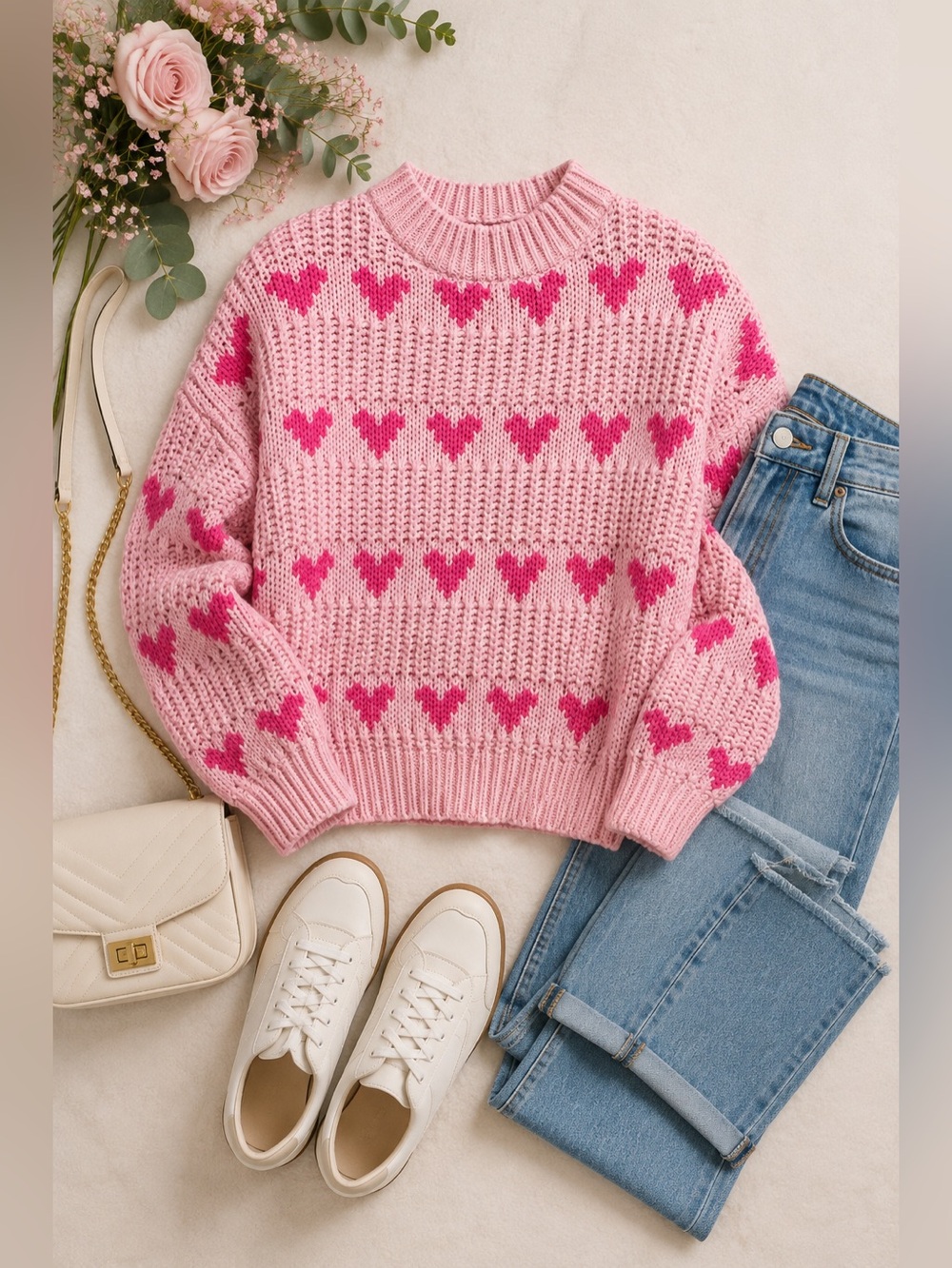 Major Label Group Pink Heart Chunky Knit Sweater